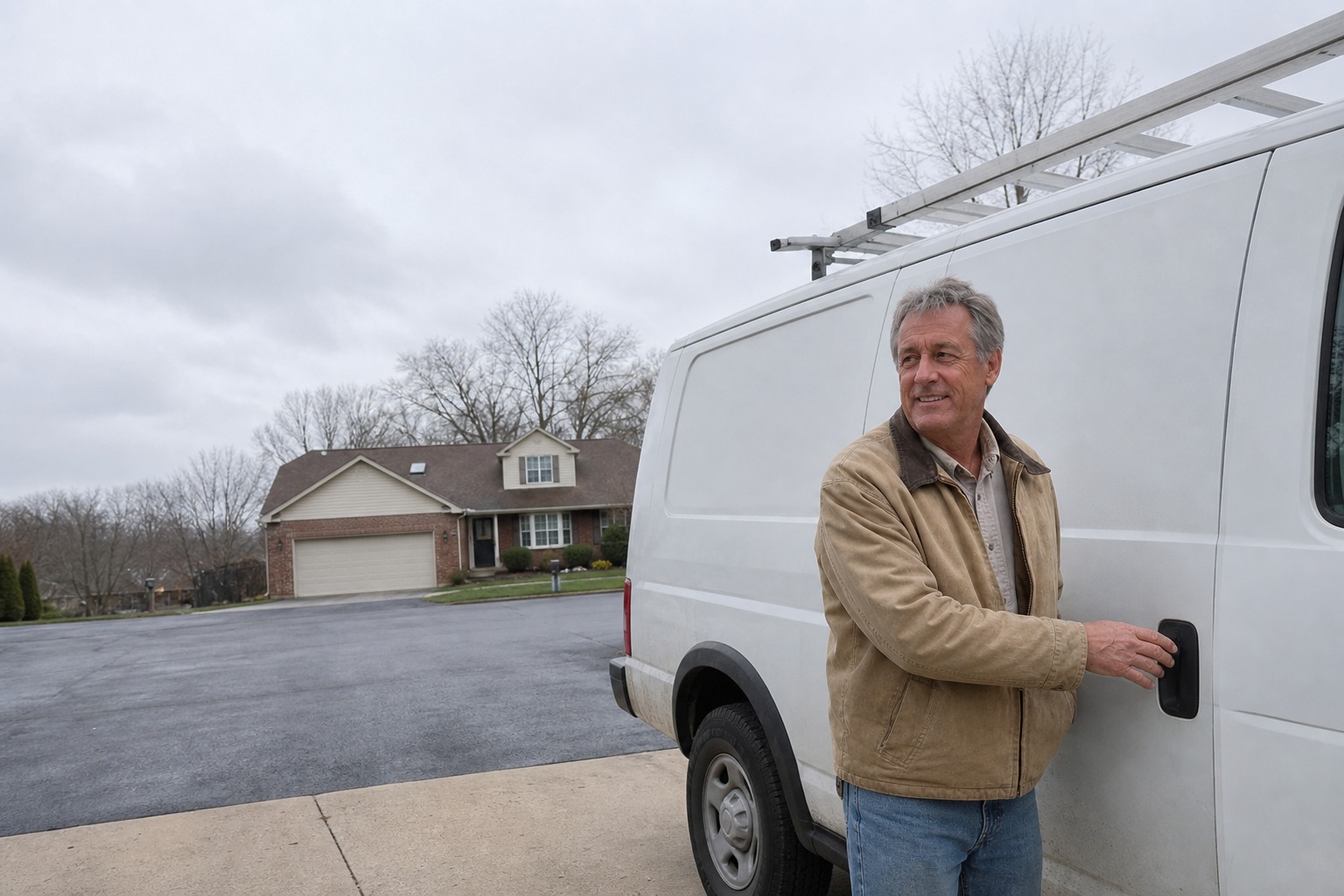 Tom Rourke beside his service van in a residential neighborhood
